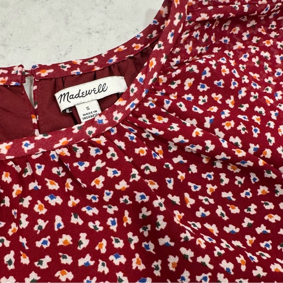 Madewell Women's Burgundy Floral Chiffon Top Short Sleeve Dress Shirt Lined - Picture 2 of 12